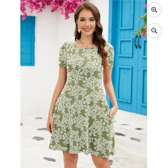Chiclily | Summer T Shirt Green Roses Large Short Sleeve Flowy Beach Sundress L - Picture 1 of 3